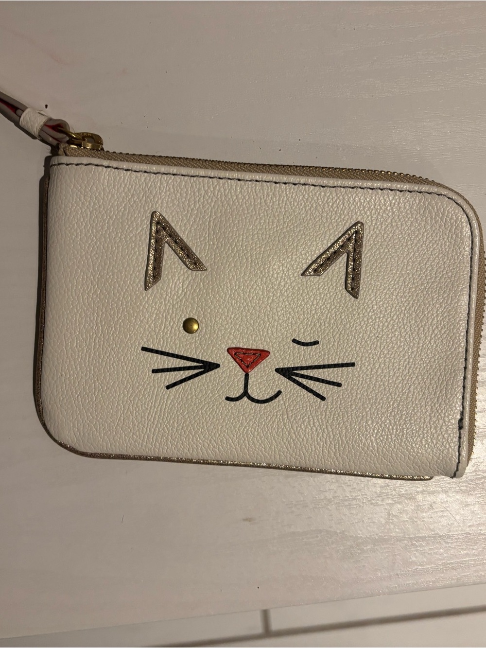 Fossil Cream Cat Face Zip Wallet with Gold Accents